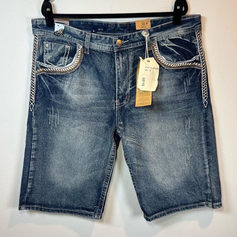 GS115 Bruce Slim Fit 13" Jean Shorts Jorts Blue Distressed Denim Mid Rise  Sz 36